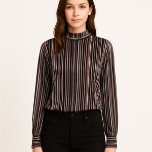 Anthro Velvet Mock Neck Long Sleeve Multi Striped Silver Red Black Popover Top